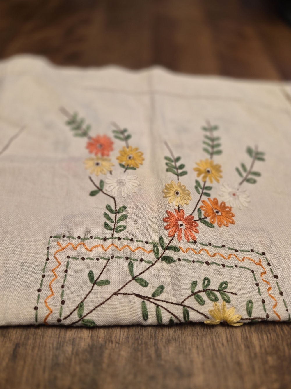 Hand-Embroidered Floral Linen Dresser Scarf/Table Runner- Orange, Yellow, White